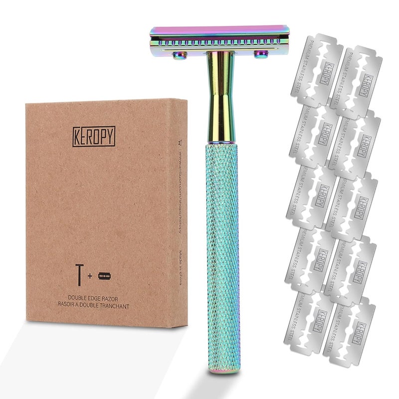 Keropy Safety Razor For Man With 10 Premium Stainless Steel Razor Blade Reusable Single Blade Razors For Men and Women, Double Edge Razor, Rainbow - Image 1